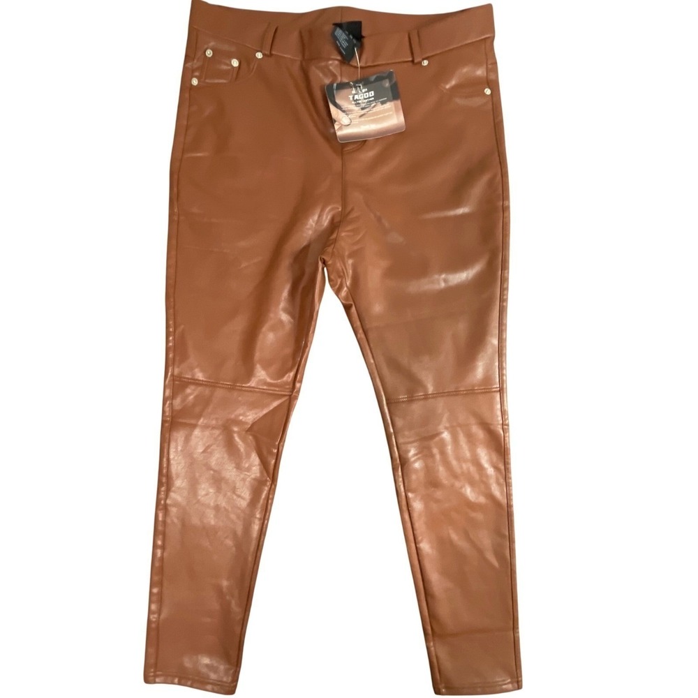 TAGOO Womens Faux‎ Leather Skinny Pants Cognac Brown High Waisted Size 2XL NWT